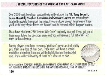 1993 Select AFL #190 Checklist Back